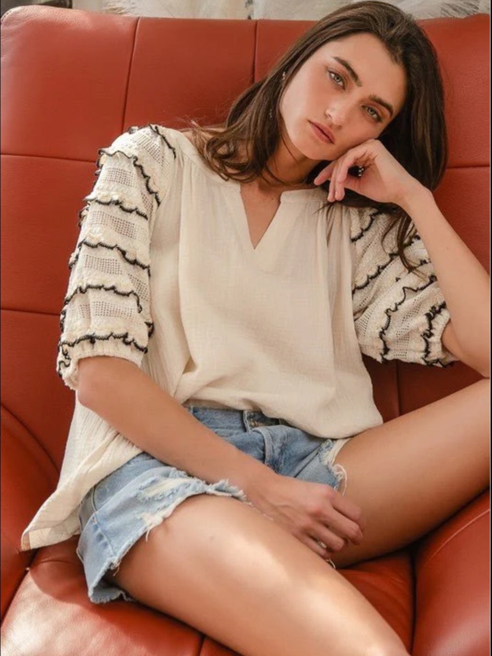 BiBi Cotton Blouse with Crochet Lace Sleeves